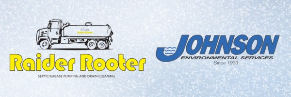 Logos for two companies against a light, snowy background. On the left is the Raider Rooter logo featuring a black and white illustration of a septic service truck with the text 'Raider Rooter' in bold yellow letters underneath, along with the tagline 'Septic Grease Pumping and Drain Cleaning.' On the right is the Johnson Environmental Services logo in blue, featuring a wave icon within the letter 'J,' with the tagline 'Since 1933' below.